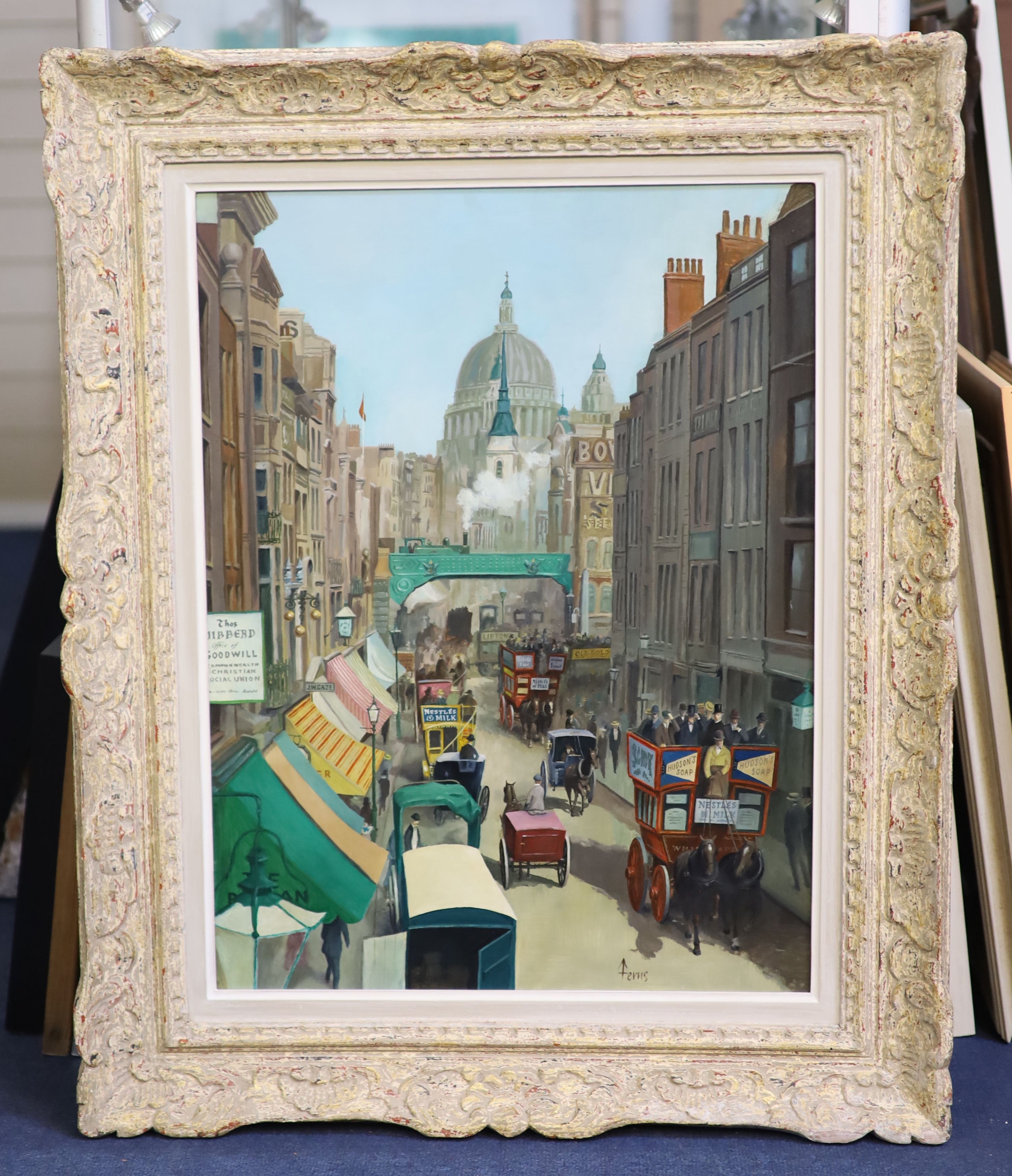 Ronald George Ferns (1925-1997), View along Fleet Street c.1900, oil on board, 60 x 45cm